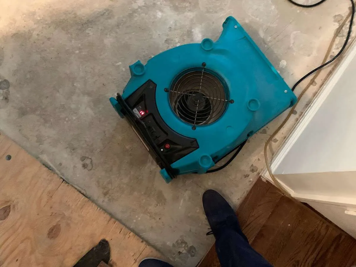 Air mover drying subfloor during Leak Detection & Repair in West Frankfort